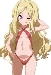 Rule 34 | 1girl, ;p, arm behind back, arm behind head, arm up, bad id, bad twitter id, blonde hair, breasts, commentary request, frenda seivelun, gluteal fold, highres, long hair, navel, one-piece swimsuit, one eye closed, purple eyes, red one-piece swimsuit, shimejinameko, simple background, slingshot swimsuit, small breasts, smile, solo, swimsuit, toaru kagaku no railgun, toaru majutsu no index, tongue, tongue out, white background