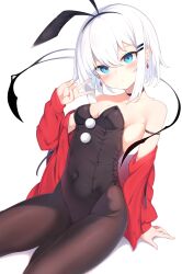 Rule 34 | 1girl, animal ears, bare shoulders, black choker, black leotard, blue eyes, blush, breasts, brown pantyhose, choker, collarbone, commentary request, covered navel, fake animal ears, hair ornament, hairclip, highres, leotard, looking at viewer, medium breasts, original, otokuyou, paid reward available, pantyhose, playboy bunny, rabbit ears, ringo-chan (otokuyou), short hair, sidelocks, simple background, sitting, solo, tail, v, white background, white hair