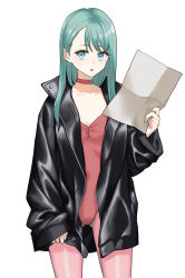 Rule 34 | 1girl, :o, absurdres, aqua eyes, aqua hair, black jacket, blue eyes, breasts, chito04, choker, cleavage, collarbone, cowboy shot, eyelashes, gluteal fold, green hair, highres, holding, holding paper, jacket, leather, leather jacket, leotard, long hair, long sleeves, looking at viewer, open clothes, open jacket, original, pantyhose, paper, red choker, red leotard, red pantyhose, shiny clothes, simple background, sleeves past wrists, small breasts, solo, white background