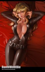 Rule 34 | 1girl, artist name, banned artist, belt, bodysuit, breasts, brown eyes, brown hair, cleavage, commentary, dantewontdie, english commentary, highres, large breasts, lips, long hair, looking at viewer, lupin iii, lying, mine fujiko, on back, parted lips, patreon username, smile, solo, zipper pull tab