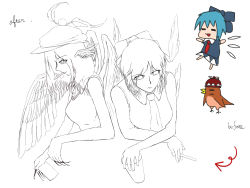 Rule 34 | 1girl, absurdres, bad id, bad pixiv id, character sheet, chibi, cigarette, cirno, female focus, flat color, hat, highres, mystia lorelei, neevelile, aged up, partially colored, solo, touhou, upper body