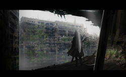 Rule 34 | 1girl, animal ears, black cloak, building, cloak, commentary, day, from behind, haru akira, letterboxed, long hair, original, outdoors, post-apocalypse, ruins, scenery, solo, standing, sword, tail, very long hair, weapon, weapon on back, white hair