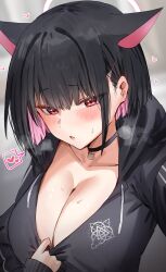 Rule 34 | 1girl, animal ears, black choker, black hair, black jacket, blue archive, blush, breasts, cat ears, choker, cleavage, collarbone, colored inner hair, extra ears, hair ornament, hairclip, halo, heart, highres, hood, hooded jacket, horn/wood, jacket, kazusa (blue archive), large breasts, looking at viewer, multicolored hair, parted lips, pink hair, red eyes, short hair, solo, steam, sweat, two-tone hair