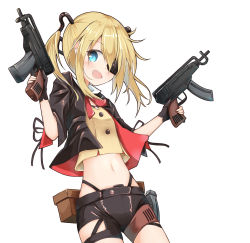 Rule 34 | 1girl, black gloves, black jacket, black shorts, blonde hair, blue eyes, blush, breasts, eyepatch, fingerless gloves, girls&#039; frontline, gloves, gun, hair between eyes, highres, holding, holding gun, holding weapon, jacket, long hair, looking at viewer, matsuo (matuonoie), navel, open mouth, short sleeves, shorts, sidelocks, simple background, skorpion (girls&#039; frontline), smile, solo, standing, stomach, submachine gun, twintails, upper body, weapon, white background