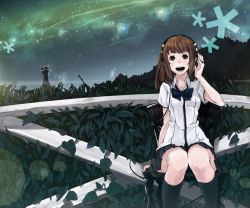 Rule 34 | 1girl, album cover, bow, brown eyes, brown hair, chair, cover, headphones, long hair, mille (dieci), mirre, night, open mouth, original, school uniform, sitting, skirt, sky, socks, solo, vocaloid
