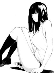Rule 34 | 1girl, armpit peek, bare shoulders, black eyes, black hair, blunt bangs, breasts, cellphone, commentary, english commentary, eyebrows, greyscale, highres, holding, holding phone, long hair, looking at viewer, looking to the side, lynus, monochrome, original, panties, phone, shirt, simple background, sitting, smartphone, socks, solo, tank top, underwear, white background, white shirt