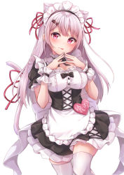 Rule 34 | 1girl, :p, absurdres, animal ears, apron, black dress, blush, breasts, cat ears, cat girl, cat tail, cleavage cutout, clothing cutout, commentary, corset, cowboy shot, dress, hair ornament, hair ribbon, hairpin, hands up, highres, looking at viewer, maid, maid apron, maid headdress, medium breasts, nijisanji, pink hair, poe (528yuzunon), red eyes, red ribbon, ribbon, shiina yuika, shiina yuika (5th costume), short sleeves, solo, steepled fingers, symbol-only commentary, tail, thighhighs, tongue, tongue out, virtual youtuber, white apron, white background, white thighhighs