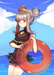 Rule 34 | 1girl, absurdres, fire emblem, fire emblem heroes, grey hair, highres, holding, long hair, memeh, nintendo, one-piece swimsuit, red eyes, simple background, solo, swimsuit, veronica (fire emblem), water, white background