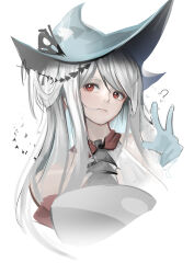 Rule 34 | 1girl, ?, absurdres, aqua gloves, aqua hat, arknights, ascot, bare shoulders, black ascot, closed mouth, cropped torso, gloves, grey hair, hat, highres, long hair, looking at viewer, orca, red eyes, simple background, skadi (arknights), skadi the corrupting heart (arknights), smile, solo, upper body, w, wawamachi (wawamachis), white background