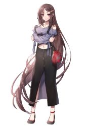 Rule 34 | 1girl, absurdly long hair, absurdres, anklet, bag, bare shoulders, black skirt, blush, breasts, brown hair, casual, cleavage, clothing cutout, contemporary, crossed arms, earrings, fate/grand order, fate (series), full body, grey shirt, hair ornament, hane yuki, highres, jewelry, long hair, long skirt, long sleeves, looking at viewer, medium breasts, multiple earrings, navel, navel cutout, open mouth, puffy sleeves, red eyes, ribbed shirt, shirt, shoulder bag, simple background, skirt, solo, standing, tachi-e, very long hair, white background, yu mei-ren (fate), zipper