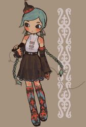 1girl aqua_hair black_eyes black_hat boots braid commentary contemporary_traditional_clothes detached_sleeves earrings full_body hat hatsune_miku highres holding holding_microphone io_(onisarashi) jewelry kazakh_clothes kazakh_miku_(public_little) kazakhstan knee_boots long_hair microphone solo symbol-only_commentary twin_braids vocaloid worldwide_miku