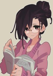 Rule 34 | 1girl, black hair, book, glasses, grey background, looking at viewer, maikeru (dk maikel), original, purple eyes, simple background, smile, solo