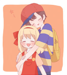 Rule 34 | 1boy, 1girl, backpack, bag, baseball cap, black hair, blonde hair, blush, brother and sister, closed eyes, happy, hat, hug, kohori, mother (game), mother 2, ness (mother 2), nintendo, overalls, red ribbon, ribbon, shirt, siblings, smile, striped clothes, striped shirt, tracy