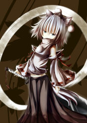 1girl animal_ears detached_sleeves female_focus grey_eyes hat highres holding inubashiri_momiji looking_at_viewer pom_pom_(clothes) silver_hair solo sword tokin_hat touhou umagenzin weapon wolf_ears