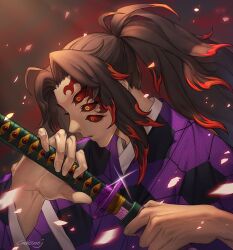 Rule 34 | 1boy, black hair, colored sclera, colored tips, crack, extra eyes, eyelashes, facial mark, fingernails, glint, glowing, glowing petals, hands up, high ponytail, holding, holding sword, holding weapon, honeycomb (pattern), japanese clothes, katana, kimetsu no yaiba, kimono, kokushibou, leviejzn, long hair, long sleeves, looking away, male focus, multicolored hair, orange hair, petals, ponytail, portrait, profile, purple kimono, red hair, red sclera, sheath, signature, solo, streaked hair, sword, text in eyes, unsheathing, weapon, yellow eyes
