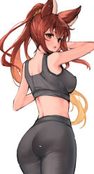 1girl animal_ears anthuria ass blush braid breasts covered_erect_nipples cowboy_shot erune granblue_fantasy grey_sports_bra hair_between_eyes high_ponytail highres koretsuki_azuma large_breasts long_hair looking_at_viewer looking_back official_alternate_hairstyle pants ponytail red_eyes red_hair sidelocks smile solo sports_bra sweat upper_body very_long_hair yoga_pants