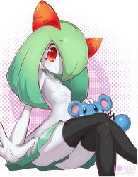 Rule 34 | 1girl, 1other, absurdres, animated, artist name, azurill, black thighhighs, blue eyes, blush, breasts, clothed pokemon, commentary, covered navel, creatures (company), crossed legs, dress, english commentary, feet out of frame, game freak, gen 3 pokemon, green hair, hair over one eye, highres, kirlia, long hair, looking at viewer, nintendo, patreon logo, patreon username, pokemon, pokemon (creature), red eyes, rilex lenov, simple background, sitting, small breasts, smile, thighhighs, white dress