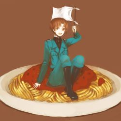 Rule 34 | 1boy, :d, axis powers hetalia, bad id, bad pixiv id, boots, brown background, brown eyes, brown hair, flag, food, holding, lemontea, male focus, necktie, northern italy (hetalia), open mouth, pasta, plate, sitting, smile, solo, spaghetti, uniform, white flag