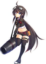 Rule 34 | 1girl, ahoge, black gloves, black thighhighs, blue eyes, boots, cannon, carrying, chiri (atlanta), full body, gloves, goggles, goggles on head, holster, kanon (sennen sensou aigis), leg up, long hair, long sleeves, looking at viewer, midriff, navel, necktie, official art, sennen sensou aigis, short shorts, shorts, solo, thigh boots, thigh holster, thigh strap, thighhighs, transparent background, very long hair