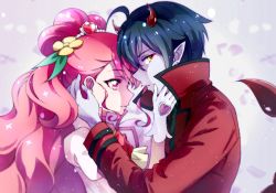 Rule 34 | 1boy, 1girl, black hair, couple, cure grace, daruizen, earrings, gloves, hanadera nodoka, healin&#039; good precure, hetero, highres, horns, jacket, jewelry, kyoutsuugengo, long hair, long sleeves, looking at another, looking at viewer, looking to the side, parted lips, pointy ears, precure, profile, red eyes, red hair, red jacket, short hair, single horn, upper body, very long hair, white gloves, yellow eyes