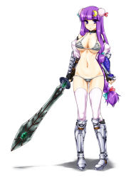 Rule 34 | 1girl, :o, armor, bikini, bikini armor, blush, boots, breasts, bun cover, cape, cleavage, crescent, crescent hair ornament, double bun, female focus, full body, greaves, hair bun, hair ornament, knee boots, large breasts, long hair, lowleg, lowleg bikini, namidame, patchouli knowledge, purple eyes, purple hair, shadow, sideboob, solo, standing, strap gap, striped bikini, striped clothes, swimsuit, sword, thighhighs, touhou, underboob, weapon, white background