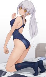 Rule 34 | 1girl, ass, back, bare arms, bare shoulders, barefoot, bed, black socks, blue one-piece swimsuit, blush, breasts, closed mouth, competition swimsuit, from behind, from side, full body, grey hair, hair ornament, hand up, highleg, highleg swimsuit, indoors, kneehighs, kneeling, kopaka (karda nui), long hair, looking at viewer, looking back, medium breasts, no nose, no shoes, notice lines, one-piece swimsuit, original, phone, pillow, ponytail, ribbon, sidelocks, simple background, skindentation, socks, solo, swimsuit, thighs, twintails, very long hair, yellow eyes
