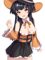 Rule 34 | 1girl, 72 (mmmmkk), bare shoulders, black hair, black skirt, blunt bangs, breasts, brown eyes, cleavage, commentary, cowboy shot, detached sleeves, frilled sleeves, frills, hand up, hat, highres, idolmaster, idolmaster shiny colors, jack-o&#039;-lantern ornament, leaning to the side, long hair, long sleeves, looking at viewer, mayuzumi fuyuko, medium breasts, open mouth, simple background, skirt, smile, solo, thighs, wide sleeves, witch hat