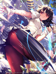 Rule 34 | 1girl, ass, bandages, black hair, black pantyhose, clenched hands, dated, furyou michi ~gang road~, highres, kicking, necktie, original, pantyhose, red eyes, red pantyhose, school uniform, short hair, skirt, solo, thighs, xaxak