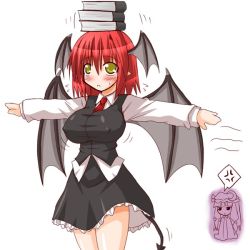 Rule 34 | 1girl, annoyed, arayama reiichi, balancing, bat wings, book, book on head, breasts, demon tail, covered erect nipples, female focus, head wings, impossible clothes, impossible shirt, koakuma, large breasts, object on head, patchouli knowledge, red hair, shirt, short hair, solo, tail, embodiment of scarlet devil, touhou, wings, yellow eyes