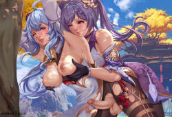 Rule 34 | 1futa, 1girl, architecture, black gloves, black pantyhose, blue hair, censored, east asian architecture, erection, exlic, futa with female, futanari, ganyu (genshin impact), genshin impact, gloves, grabbing, grabbing another&#039;s breast, grabbing from behind, has uncensored version, keqing (genshin impact), mosaic censoring, one eye closed, outdoors, pantyhose, patreon username, penis, pink eyes, purple eyes, purple hair, testicles, torn, torn clothes, torn legwear