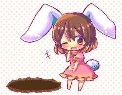 Rule 34 | 1girl, animal ears, barefoot, brown hair, rabbit ears, chocolat (momoiro piano), female focus, full body, hole, inaba tewi, solo, standing, touhou, white background, wink