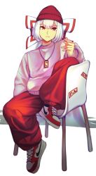 Rule 34 | 1girl, adapted costume, amulet, baggy pants, beanie, bow, casual, chair, cigarette, commentary, commission, contemporary, equality taira, fujiwara no mokou, full body, hair bow, hat, highres, holding, holding cigarette, knee up, long hair, long sleeves, looking at viewer, nike (company), ofuda, pants, parted lips, product placement, red bow, red eyes, red footwear, red hat, red pants, shoes, simple background, sitting, skeb commission, sneakers, solo, streetwear, sweater, touhou, two-tone bow, two-tone footwear, very long hair, white background, white bow, white footwear, white hair, white sweater