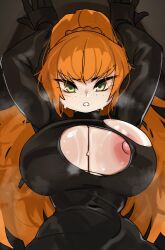 Rule 34 | arms up, bodysuit, breasts, freckles, green eyes, highres, huge breasts, ishmael (project moon), limbus company, long hair, nipple slip, nipples, orange hair, project moon, shiny skin, steam, torn bodysuit, torn clothes, zanamaoria