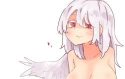 Rule 34 | 1girl, blush, breasts, colored eyelashes, female focus, heart, kishin sagume, large breasts, looking at viewer, md5 mismatch, nude, red eyes, resized, short hair, silver hair, simple background, single wing, smile, solo, sweatdrop, thick eyebrows, topless frame, touhou, upper body, waira, white background, wings