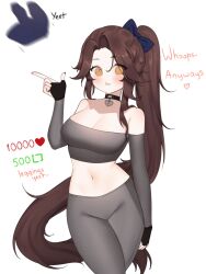 Rule 34 | 1girl, absurdly long hair, absurdres, bandaid, bare shoulders, black choker, blush, breasts, brown eyes, brown hair, choker, cleavage, collarbone, contrapposto, cowboy shot, cropped shirt, english text, finger gun, fingerless gloves, gloves, grey shirt, hair between eyes, heart, heart-shaped pupils, heart choker, highres, large breasts, long hair, looking at viewer, meme, midriff, navel, off-shoulder shirt, off shoulder, original, pants, parted lips, shirt, simple background, sky above me, solo, symbol-shaped pupils, tight clothes, tight pants, twitter strip game (meme), very long hair, white background