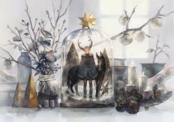 Rule 34 | 1boy, blue pants, bottle, candle, coat, donkey, fur coat, horns, in bottle, in container, marble (toy), original, pants, pinecone, plant, pot, smile, snow, white hair, window, yoshioka (haco)