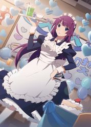 Rule 34 | 1girl, alternate costume, apron, bad id, bad twitter id, balloon, blue eyes, breasts, cake, cleaned, closed mouth, collared dress, cup, dress, drink, drinking glass, drinking straw, food, heart, highres, holding, holding tray, indoors, long hair, looking at viewer, maid, maid apron, maid headdress, medium breasts, monogatari (series), monogatari series puc puc, official art, pantyhose, purple hair, senjougahara hitagi, solo, standing, stationery, tray, very long hair, waitress, watanabe akio