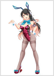 Rule 34 | alternate costume, animal ears, aqua bow, aqua bowtie, arm cuffs, arms behind head, black hair, black pantyhose, blue background, bow, bowtie, breasts, colored inner hair, covered navel, detached collar, detached sleeves, fake animal ears, fake tail, fang, fishnet pantyhose, fishnets, full body, high heels, highleg, highleg leotard, kantai collection, large breasts, leotard, long hair, looking at viewer, medium breasts, moke ro, multicolored hair, pantyhose, pink hair, pink leotard, playboy bunny, rabbit ears, rabbit tail, smile, solo, strapless, strapless leotard, tail, traditional bowtie, two-tone hair, wavy hair, wrist cuffs