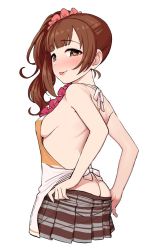 Rule 34 | 1girl, :p, apron, ass, bad id, bad twitter id, bare arms, bare back, bare shoulders, blush, breasts, brown eyes, brown hair, brown skirt, butt crack, from behind, hair ornament, hair scrunchie, heart, heart-shaped pupils, idolmaster, idolmaster cinderella girls, igarashi kyoko, long hair, looking at viewer, looking back, medium breasts, naked apron, no panties, omaru gyuunyuu, orange apron, pleated skirt, red scrunchie, scrunchie, side ponytail, sideboob, simple background, skirt, smile, solo, symbol-shaped pupils, tongue, tongue out, undressing, white apron, white background