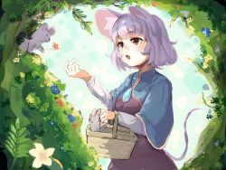 Rule 34 | 1girl, animal ears, basket, blue capelet, capelet, crystal, dress, grey dress, grey hair, jewelry, long sleeves, mouse ears, mouse girl, mouse tail, nazrin, open mouth, pendant, red eyes, short hair, tail, touhou, yuma (user zuft7485)