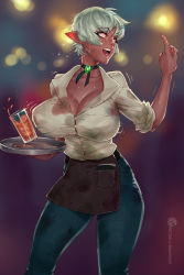 Rule 34 | 1girl, alcohol, apron, warrior of light (ff14), bbc-chan, borrowed character, bouncing breasts, breasts, bursting breasts, choker, cleavage, colette belrose, commission, contemporary, dark-skinned female, dark elf, dark skin, denim, elezen, elf, final fantasy, final fantasy xiv, gem, highres, huge breasts, impossible clothes, impossible shirt, inconvenient breasts, index finger raised, jeans, lips, night, open mouth, pants, pointy ears, red eyes, shirt, short hair, silver hair, sleeves rolled up, solo, spilling, sweat, tray, waist apron, waitress