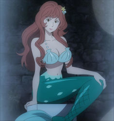 Rule 34 | 1girl, breasts, brown eyes, brown hair, cleavage, female focus, highres, large breasts, long hair, lupin iii, lupin iii part 6, mermaid costume, mine fujiko, navel, smile, solo, stitched, third-party edit