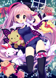 Rule 34 | 1girl, :d, black thighhighs, breasts, brown eyes, capelet, cleavage, hat, long hair, looking at viewer, nagayama yuunon, open mouth, original, pink hair, salute, school swimsuit, shoes, smile, solo, stuffed animal, stuffed toy, swimsuit, teddy bear, thighhighs