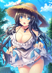 Rule 34 | 1girl, bare shoulders, blue eyes, blue sky, blush, breasts, cleavage, clothes lift, cloud, collarbone, commentary request, cowboy shot, day, dress, dress lift, flower, hair between eyes, heart, heart necklace, highres, jewelry, large breasts, liya, long hair, looking at viewer, moe2018, necklace, original, outdoors, sky, solo, swimsuit