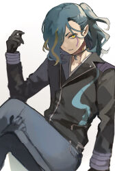 Rule 34 | 1boy, aqua hair, black gloves, gloves, highres, jacket, jewelry, kmnk (kumanuko), long hair, looking at viewer, male focus, necklace, orochi (shadowside), pointy ears, ponytail, sitting, solo, white background, yellow eyes, youkai watch, youkai watch shadowside