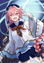 Rule 34 | &gt;:), 1boy, astolfo (angel breath) (fate), astolfo (fate), astolfo (saber) (fate), bow, braid, crossdressing, fate/grand order, fate (series), hat, long sleeves, official alternate costume, pale skin, pink hair, purple eyes, ribbon, short shorts, shorts, si cham, solo, thighhighs, trap, v-shaped eyebrows