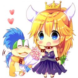 Rule 34 | 1boy, 1girl, :o, bare shoulders, black collar, black dress, blonde hair, blue eyes, blue hair, blush, bouquet, bowsette, bracelet, chibi, chocolat (momoiro piano), closed eyes, collar, commentary request, crown, dress, fang, flower, hair between eyes, hand up, heart, holding, holding bouquet, jewelry, larry koopa, long hair, mario (series), mini crown, new super mario bros. u deluxe, nintendo, open mouth, pink flower, ponytail, simple background, spiked bracelet, spiked collar, spiked shell, spikes, standing, strapless, strapless dress, super crown, turtle shell, very long hair, white background