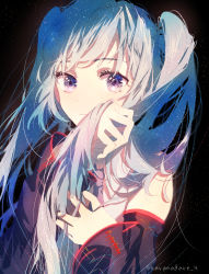 Rule 34 | 1girl, aqua hair, aqua necktie, bad id, bad pixiv id, bare shoulders, black background, black sleeves, blue eyes, commentary, detached sleeves, expressionless, grey shirt, hands up, hatsune miku, highres, holding, holding own hair, karanagare, long hair, looking at viewer, necktie, shirt, sleeveless, sleeveless shirt, solo, twintails, twitter username, upper body, very long hair, vocaloid