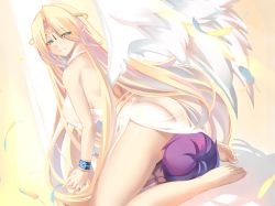 Rule 34 | 1boy, 1girl, angel, angel wings, bad feet, barefoot, blonde hair, bracelet, breasts, censored, commentary request, cum, ejaculation, eyes visible through hair, feathered wings, feathers, from behind, grandmother and grandson, green eyes, handjob, hetero, highres, ilias, incest, jewelry, large breasts, long hair, looking at viewer, luka (mon-musu quest!), mon-musu quest!, mosaic censoring, open mouth, parted bangs, penis, pointy ears, purple hair, shiki (psychedelic g2), short hair, sitting, sitting on face, sitting on head, sitting on person, smile, very long hair, wings