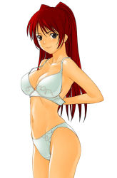 Rule 34 | 00s, 1girl, a1 (initial-g), blush, bra, brown eyes, green bra, green panties, kousaka tamaki, lace, lace-trimmed bra, lace trim, lingerie, long hair, navel, panties, red hair, solo, standing, to heart (series), to heart 2, underwear, underwear only, undressing